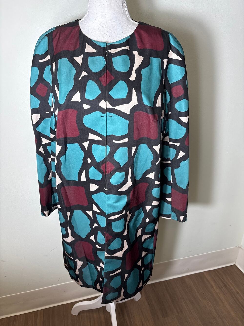 Paule Ka Blue Abstract Print Crepe Round Neck Coat Sz 42 (12/14)